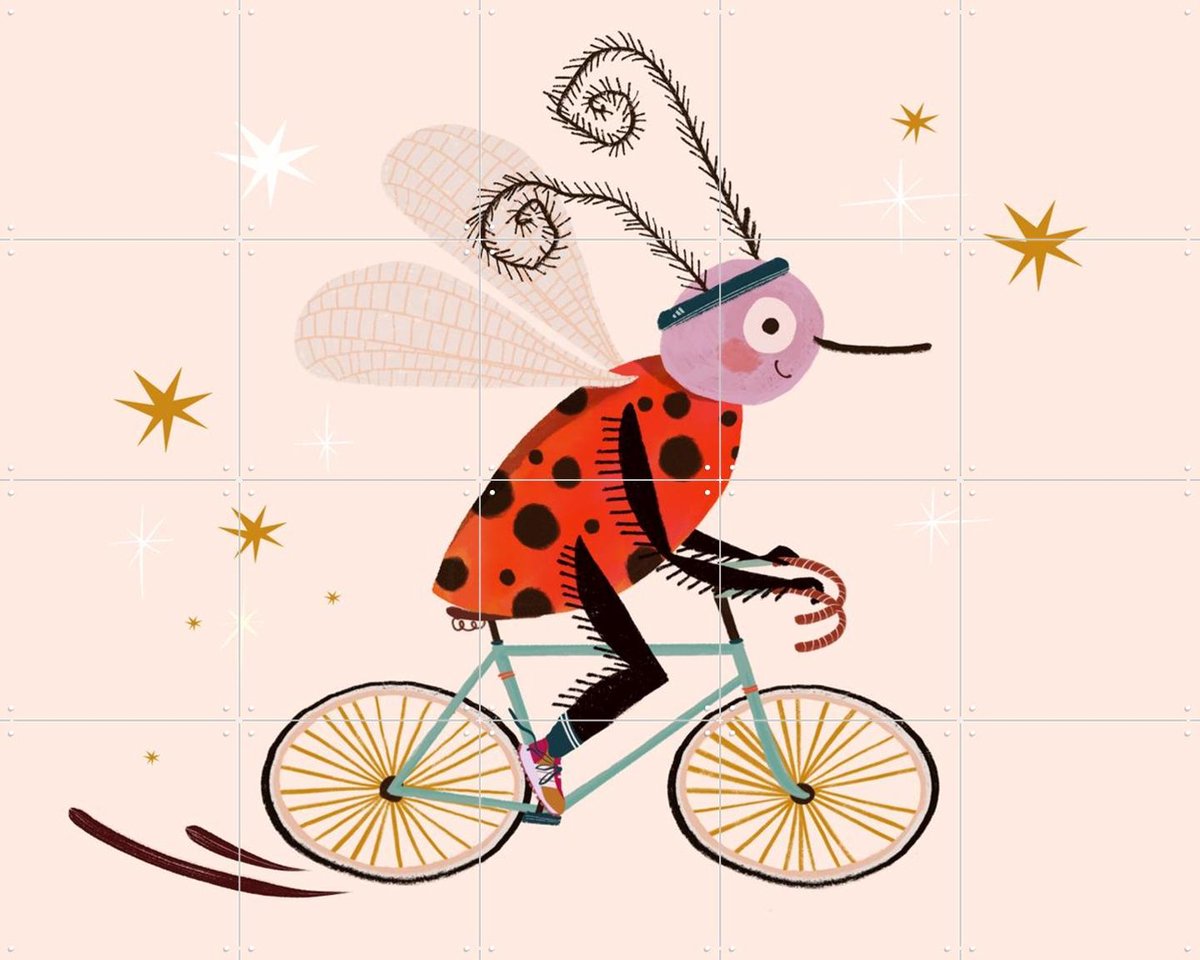 IXXI Insect op Fiets, Lena Addink - 100 x 80 cm - Gratis ophangtool - Grote wanddecoratie en posters - Grafisch Ontwerp, Fantasierijk, Illustraties