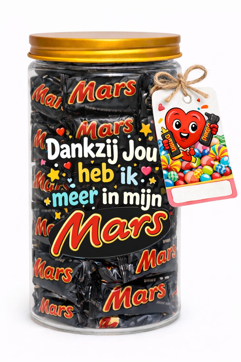 Luxe glazen Snoeppot 1250 ml – Dankzij jou heb ik meer in mijn mars