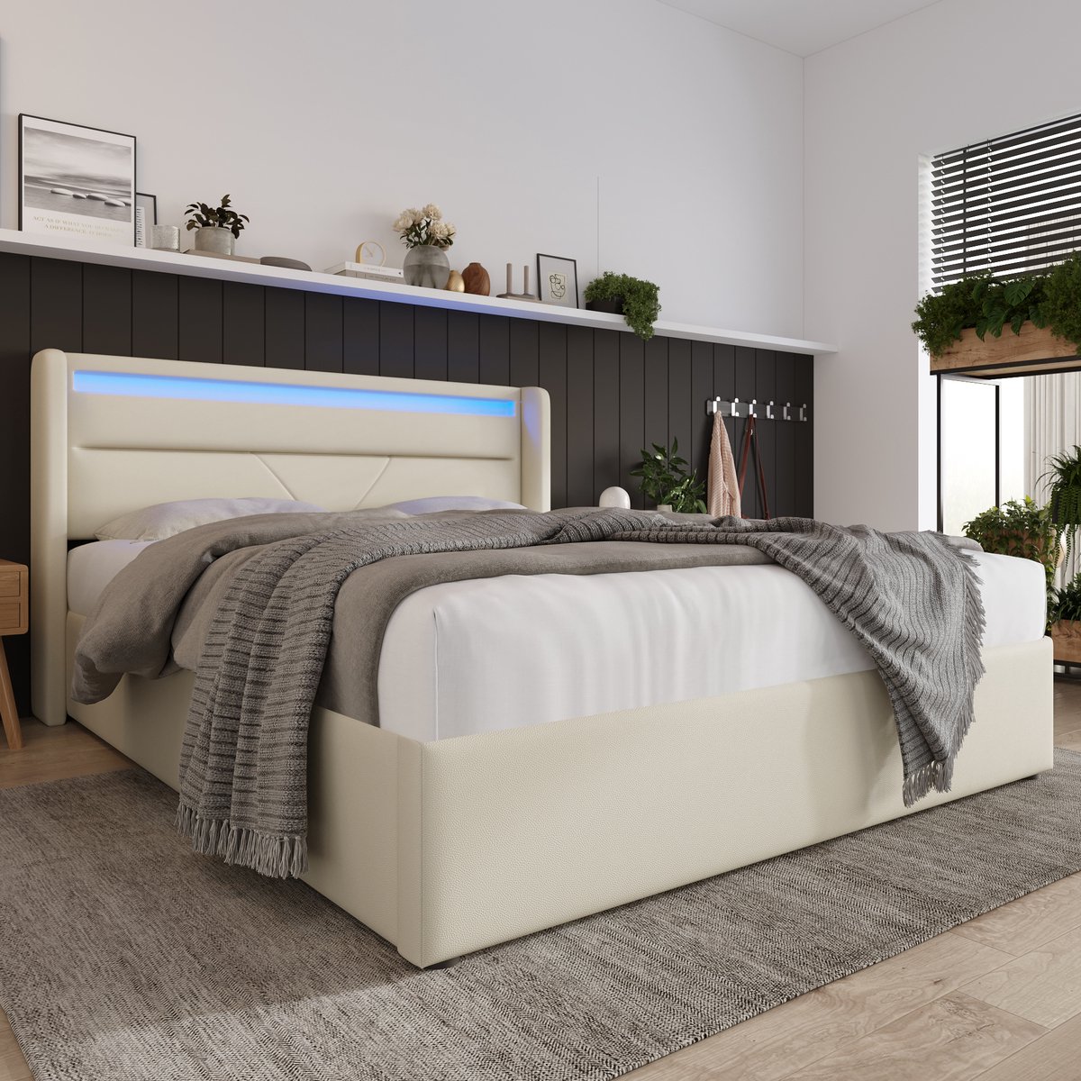 Wishdor Opbergbed 140x200 cm – Hydraulische Lift – LED in Hoofdbord – Inclusief Matras – PU – Wit