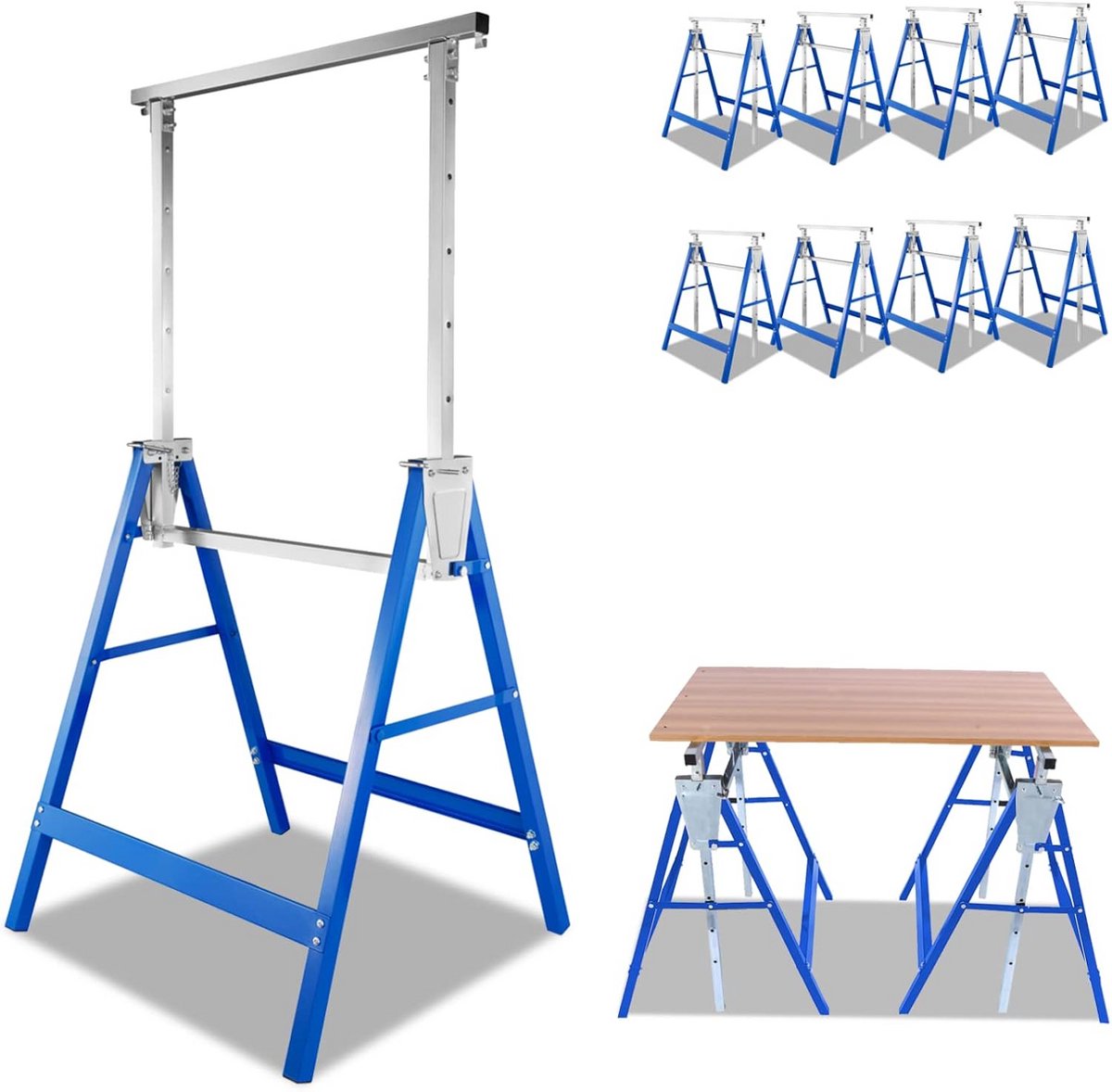 Set van 8 Lichtgewicht Basiswerksteunen Blauw Inklapbaar en Hoogteverstelbaar tot 130 cm