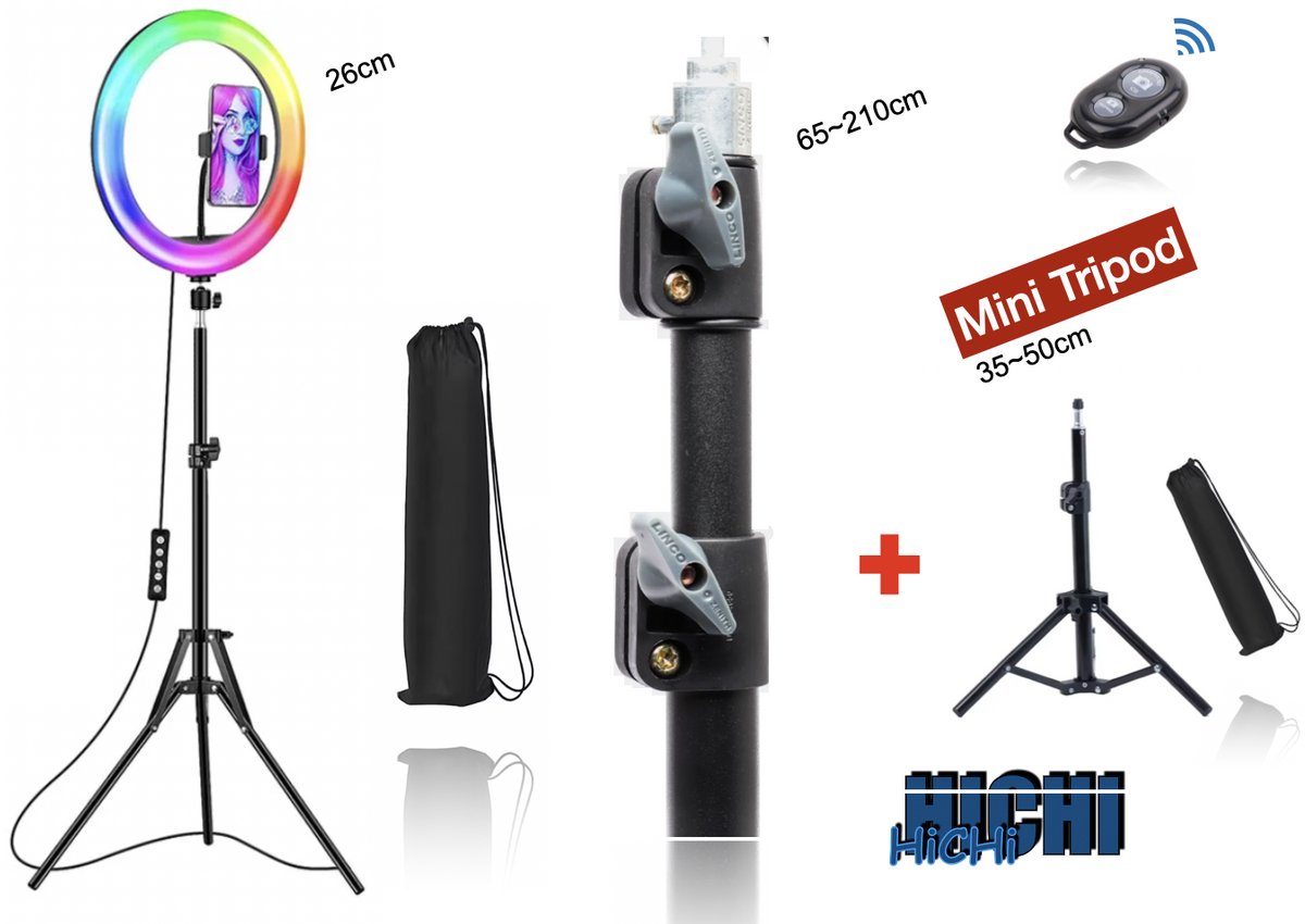 HiCHi® Ringlamp RGB 12inch met Statief 2M & afstandsbediening - Studiolamp – Ring Light - Selfie Ringlight voor Telefoon - Statief - Tik tok - flitser – Make up light – Studiolamp + Mini tripod 50cm
