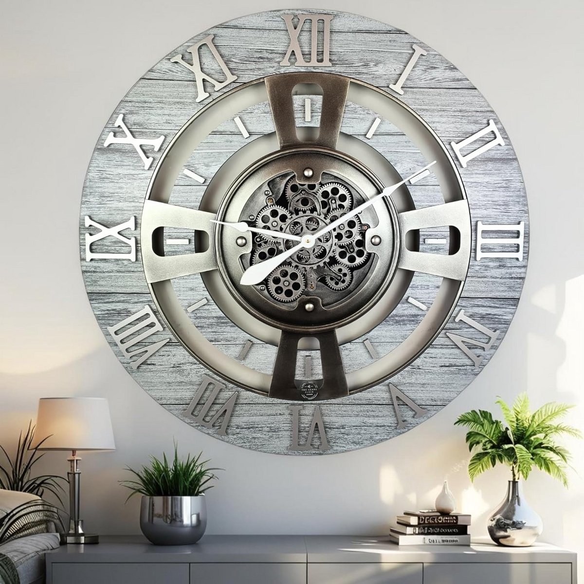 Grote Wandklok met Echte Bewegende Tandwielen 90 cm Industrieel Vintage Design