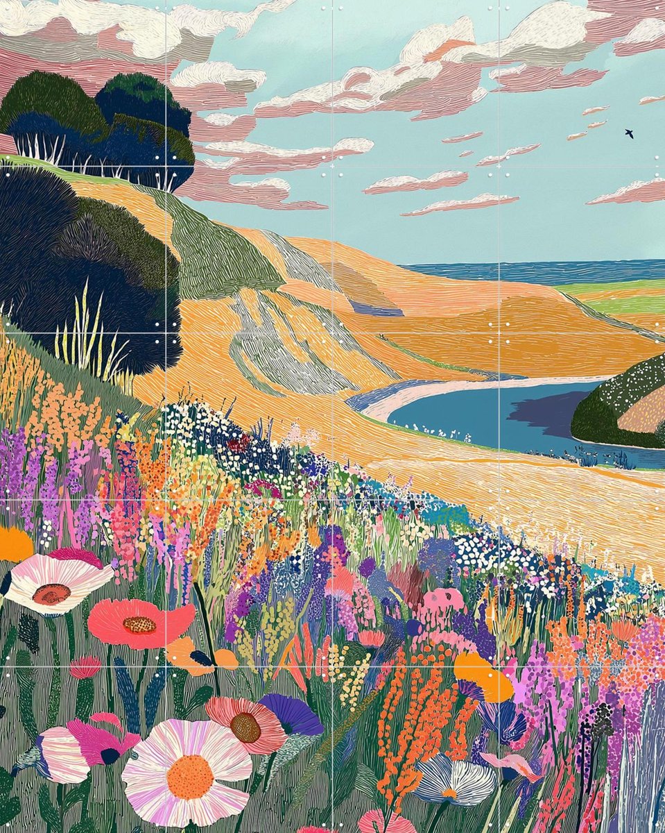 IXXI Wildflower Hill, Artclaud - 80 x 100 cm - Gratis ophangtool - Grote wanddecoratie en posters - Illustraties, Kleurrijk, Studeerkamer, Woonkamer