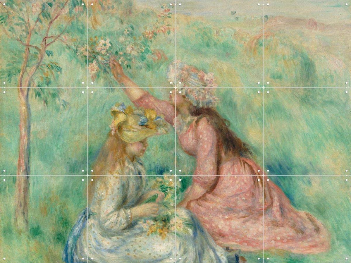 IXXI Girls Picking Flowers in a Meadow, Pierre-Auguste Renoir & Museum of Fine Arts Boston - 80 x 60 cm - Gratis ophangtool - Grote wanddecoratie en