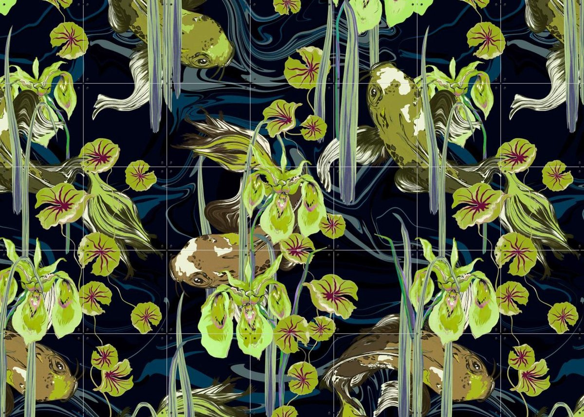 IXXI Koi Pond Moss Green, Marylène Madou - 140 x 100 cm - Gratis ophangtool - Grote wanddecoratie en posters - Illustraties, Mancave, Vissen