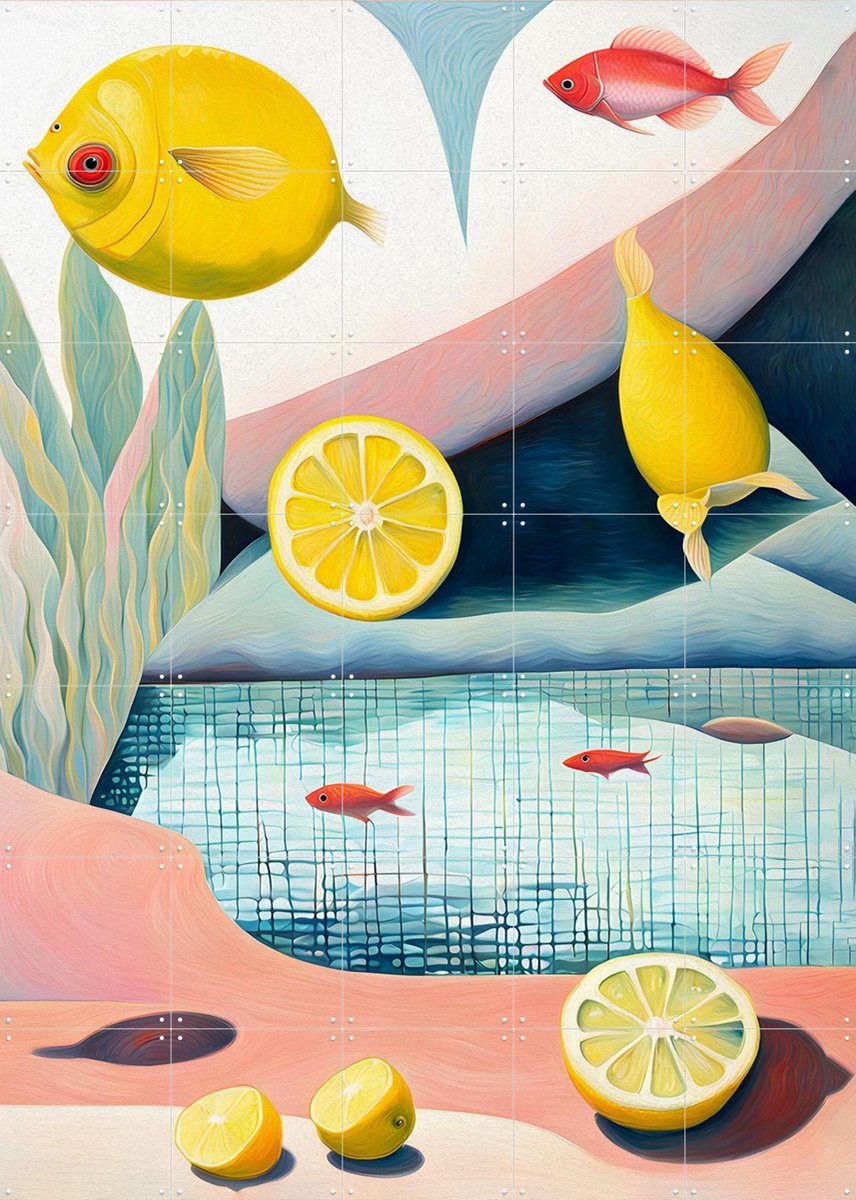 IXXI Lemon Fish, Artclaud - 100 x 140 cm - Gratis ophangtool - Grote wanddecoratie en posters - Digitale Kunst, Gemengde Technieken, Speels