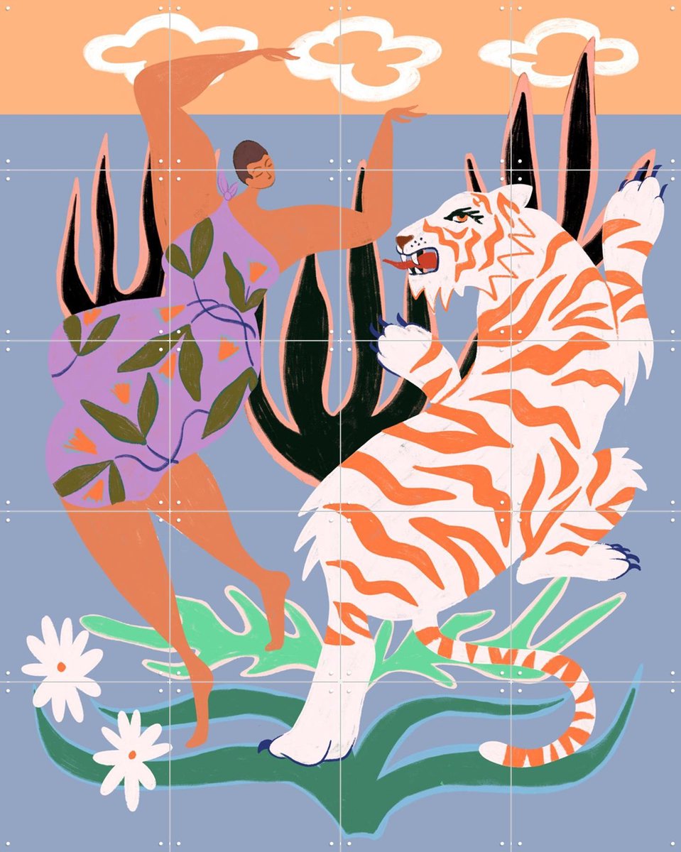 IXXI Hello Tiger, Arty Guava - 80 x 100 cm - Gratis ophangtool - Grote wanddecoratie en posters - Illustraties, Kleurrijk, Speels, Wilde dieren