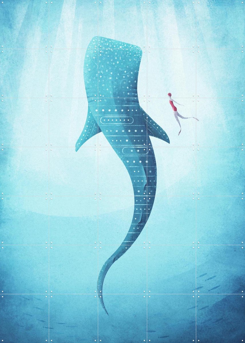IXXI Whale Shark, Henry Rivers - 100 x 140 cm - Gratis ophangtool - Grote wanddecoratie en posters - Kleurrijk, Mancave, Wilde dieren, Surfen, Zomer