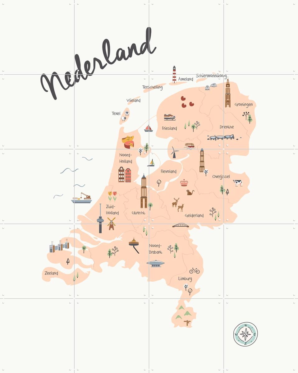 IXXI The Netherlands Kids Map beige, Little Small & Kunst in Kaart - 80 x 100 cm - Gratis ophangtool - Grote wanddecoratie en posters - Speels