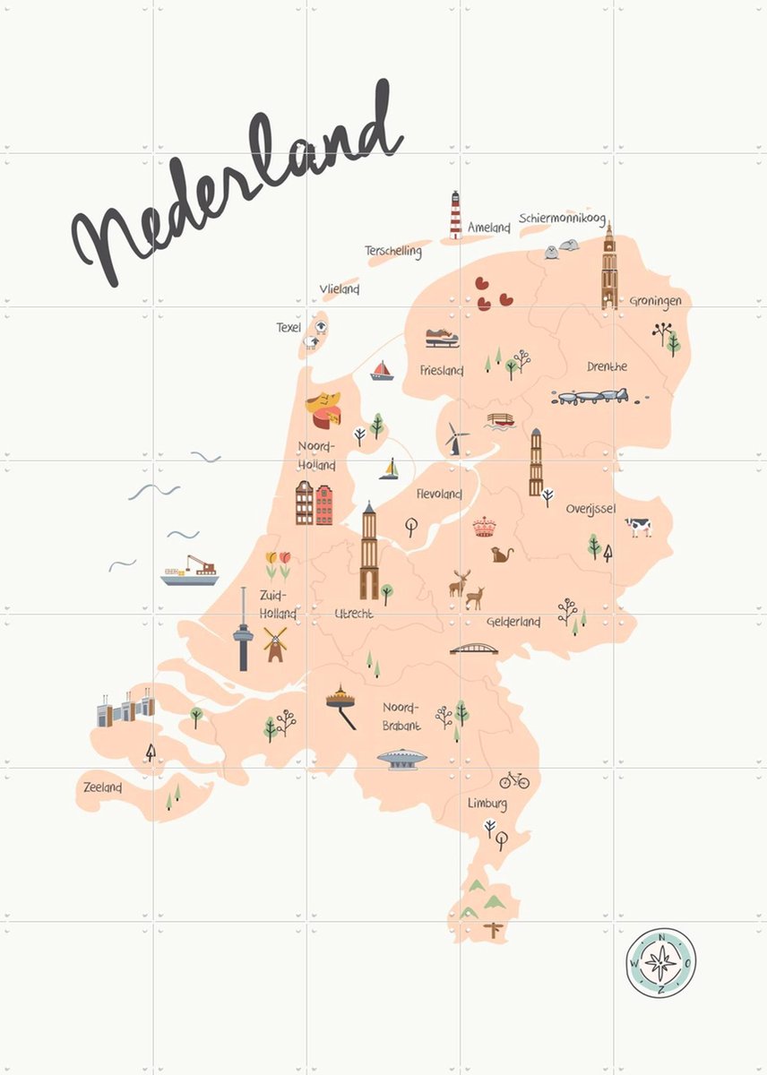 IXXI The Netherlands Kids Map beige, Little Small & Kunst in Kaart - 100 x 140 cm - Gratis ophangtool - Grote wanddecoratie en posters - Speels