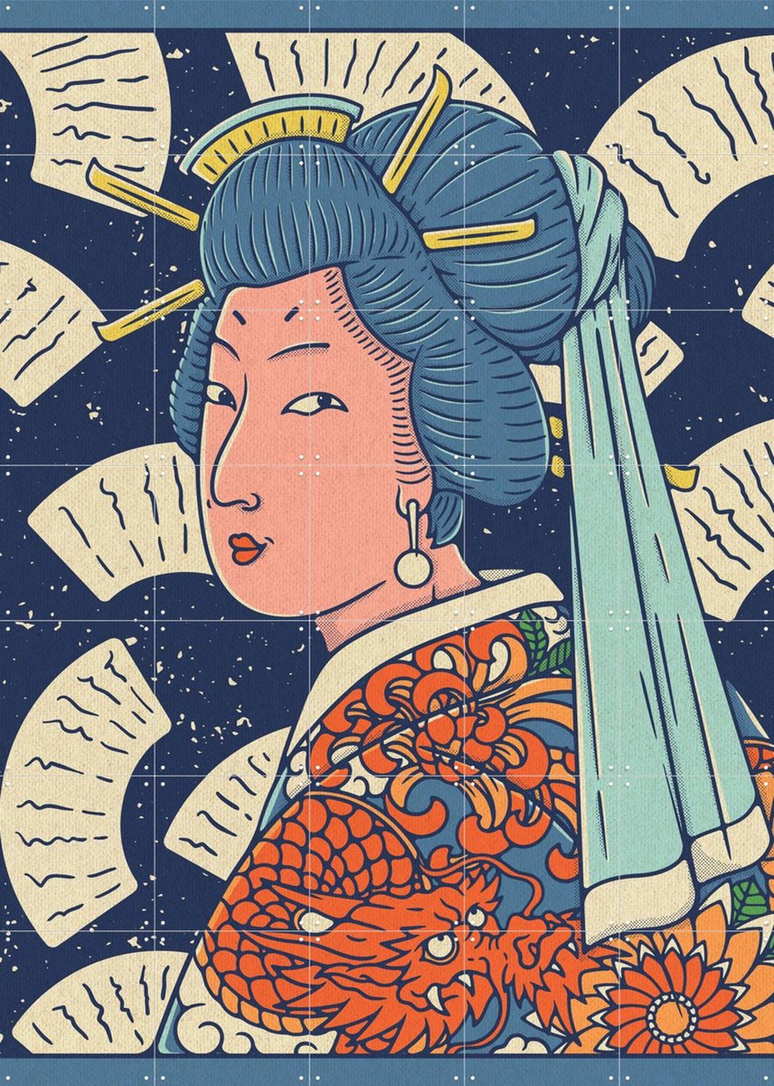 IXXI Lady Kami with the Earring, Ryan Ragnini - 100 x 140 cm - Gratis ophangtool - Grote wanddecoratie en posters - Illustraties, Ukiyo-e, Kleurrijk