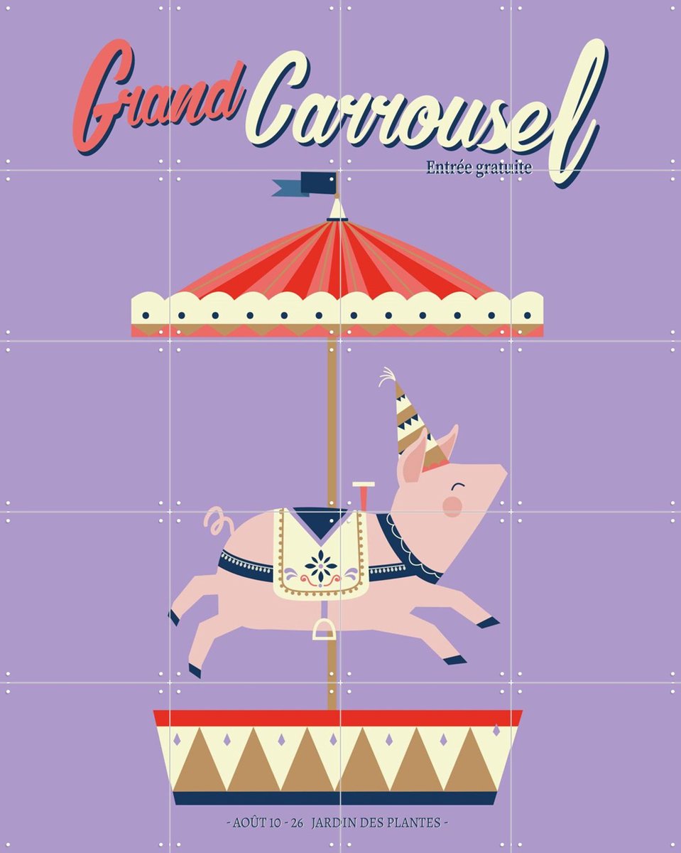 IXXI Carrousel Pig, Jetske Kox - 80 x 100 cm - Gratis ophangtool - Grote wanddecoratie en posters - Illustraties, Fantasierijk, Speels, Kleurrijk