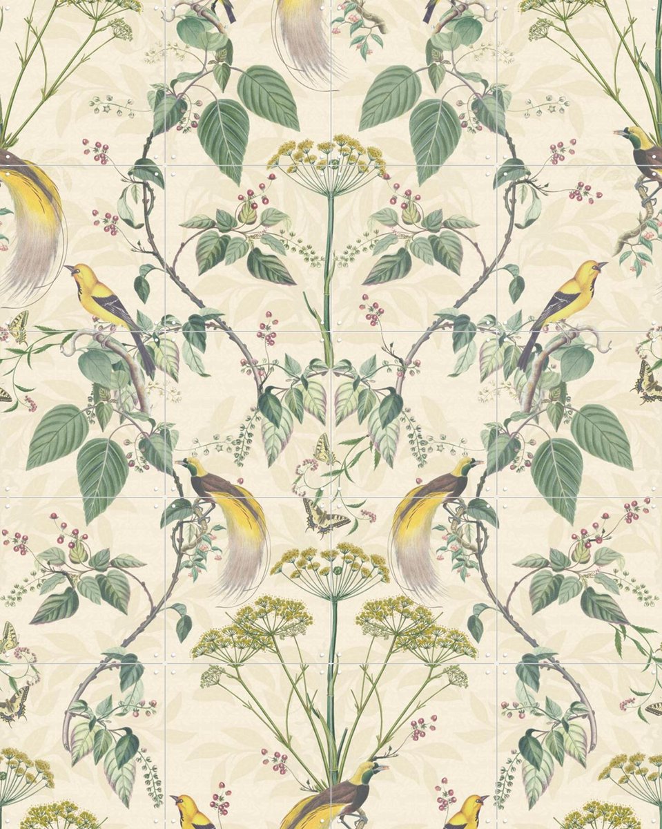 IXXI Vintage Floral damask & garden Birds - cream, Bloomery Decor - 80 x 100 cm - Gratis ophangtool - Grote wanddecoratie en posters