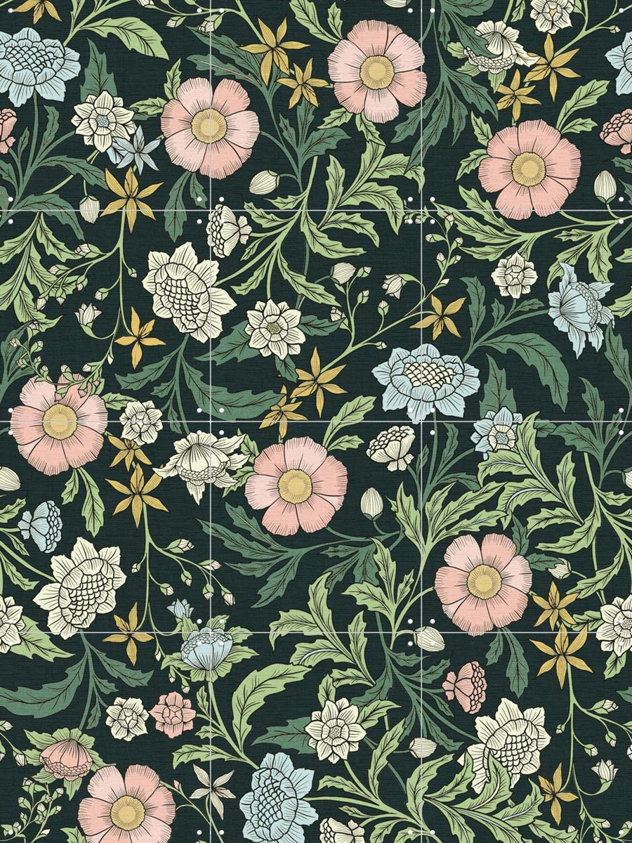 IXXI Morris trailing floral foliage - dark green, pink, Bloomery Decor - 60 x 80 cm - Gratis ophangtool - Grote wanddecoratie en posters - Decoratieve