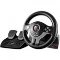 Zwart gaming stuurwiel met twee pedalen, merk Superdrive.