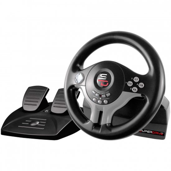 Zwart gaming stuurwiel met twee pedalen, merk Superdrive.