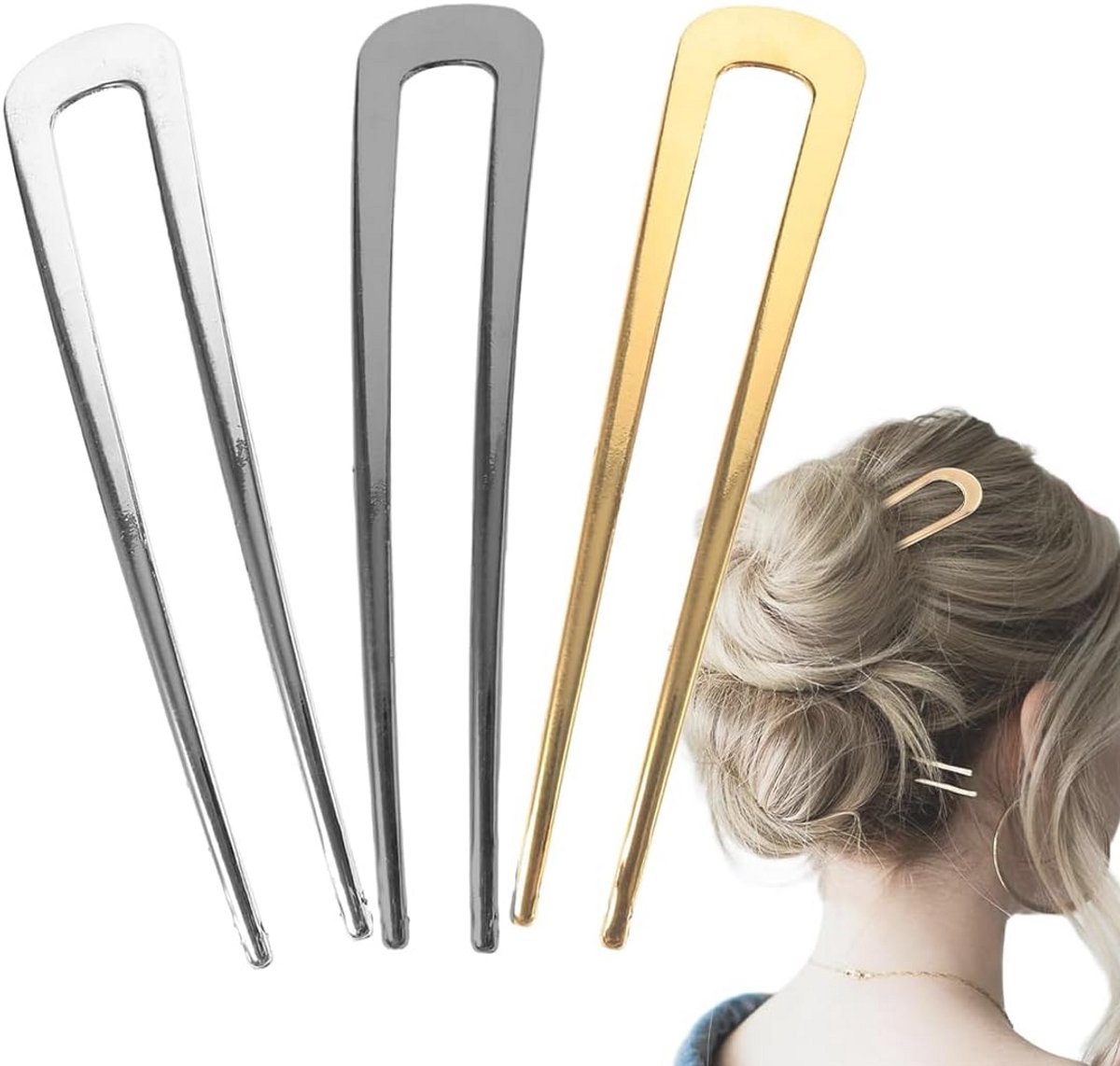 3x Grote Metalen Haarspelden U-Vorm Voor Klassieke Kapsels - 14cm