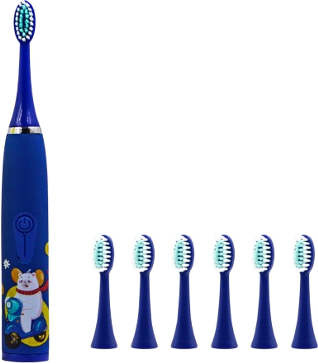 Ynkkvre -Elektrische Kinderzahnbürste - IpX7 Waterdicht - Trillingsarme Geluidsgolven Voor Gevoelig Tandvlees - 6 borstelkoppen - Voor Kinderen Vanaf 6 Jaar blauw