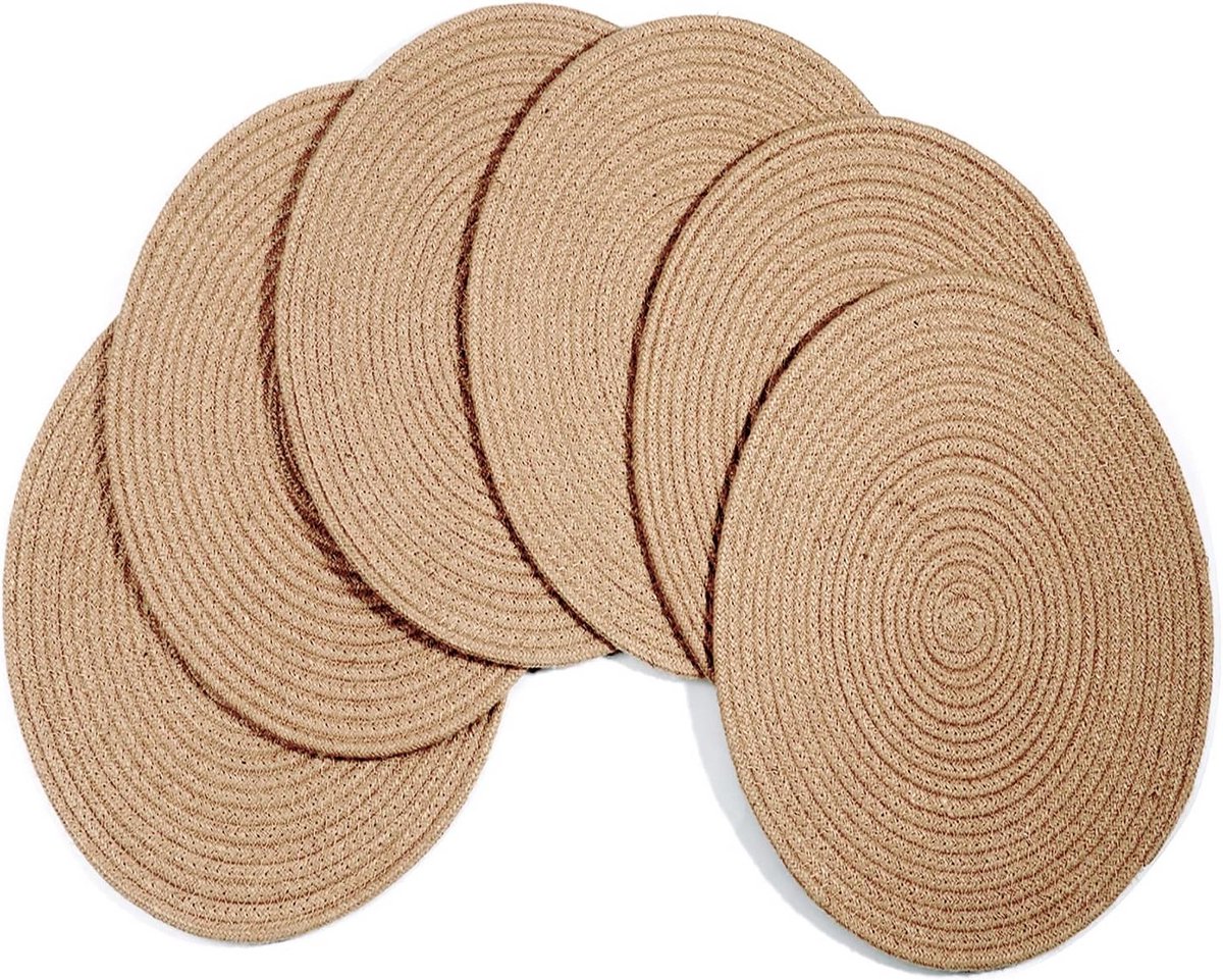 Set van 6 Ronde Jute Placemats Geweven Tafelmatten Hittebestendig en Antislip