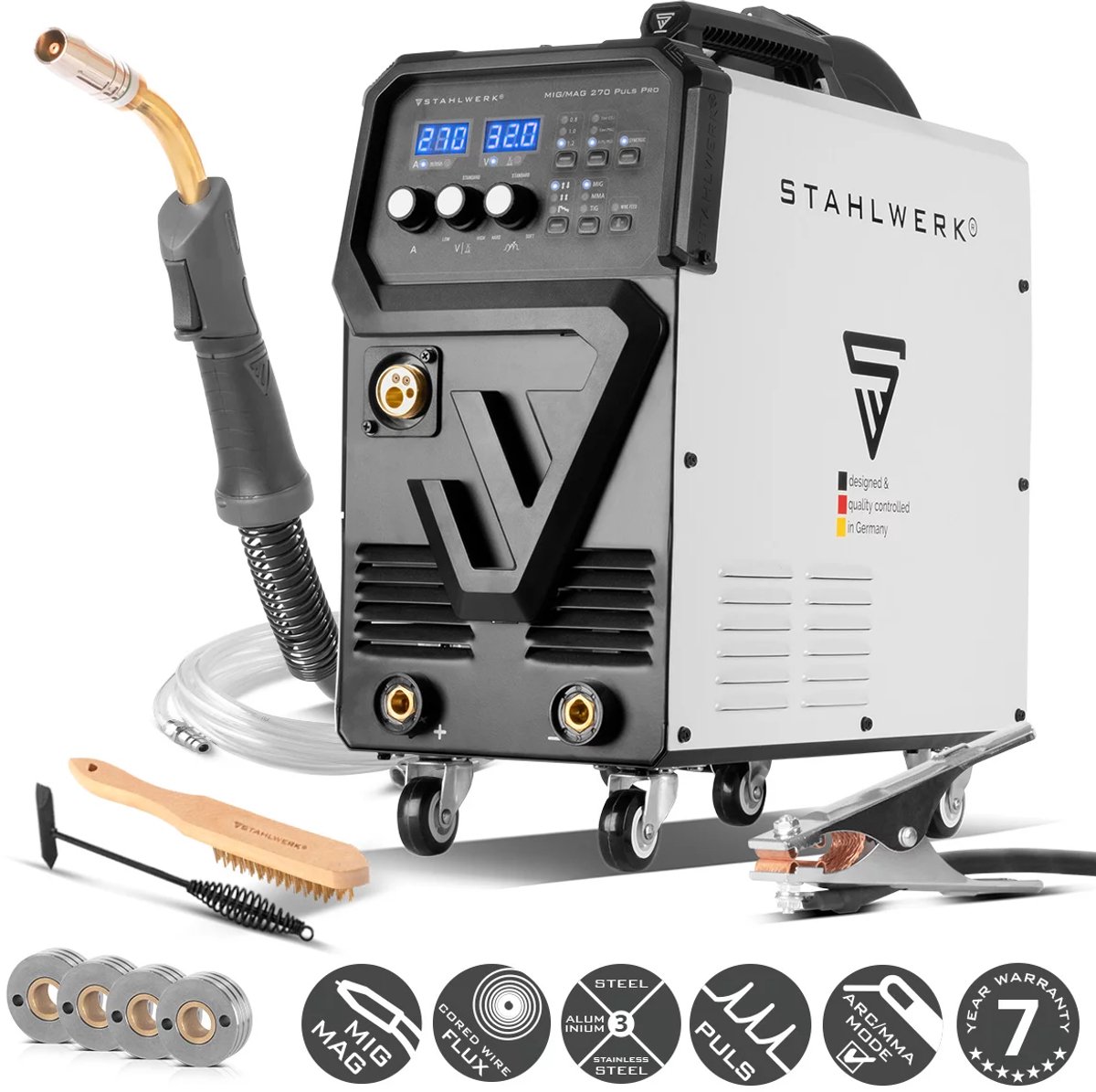STAHLWERK MIG MAG 270 Puls Pro | 4-in-1 booglassysteem met pulsfunctie | 270 A, synergische draadaanvoer, aandrijving met 4 rollen, TIG- en MMA-lift | ARC-functie