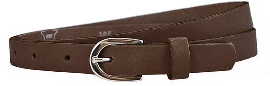 Smalle, bruine leren damesriem met zilverkleurige gesp, maat 105.