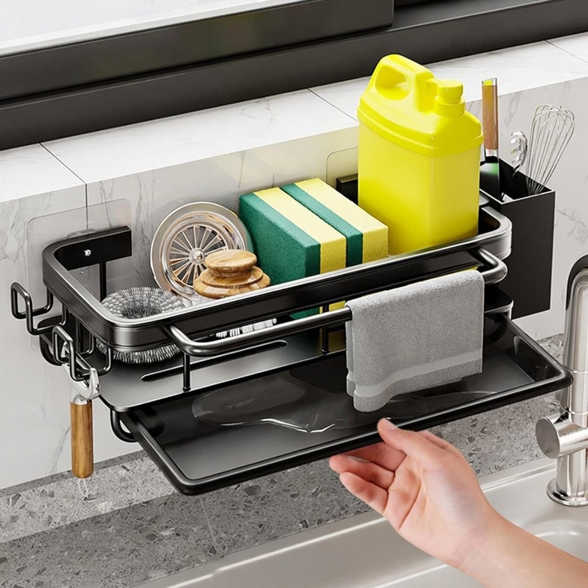 Famanu – Keuken gootsteen organizer met lekbak - multifunctioneel - houdt sponzen - borstels en zeep op hun plaats - waterbestendig en makkelijk schoon te maken