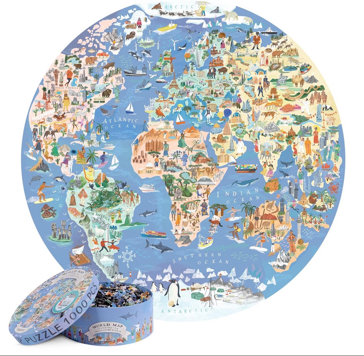 Ronde Legpuzzel 1000 Stukjes Wereldkaart - Educatief Puzzelspel voor Volwassenen en Kinderen