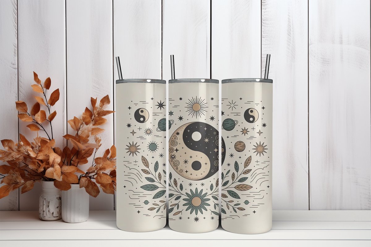 Thermosbeker YingYang boho - 600 ml RVS Tumbler met Rietje - Cadeau - Schoolbeker - Antilek dop - Vaatwasserbestendig - Werkbeker - To go beker - Zomaar