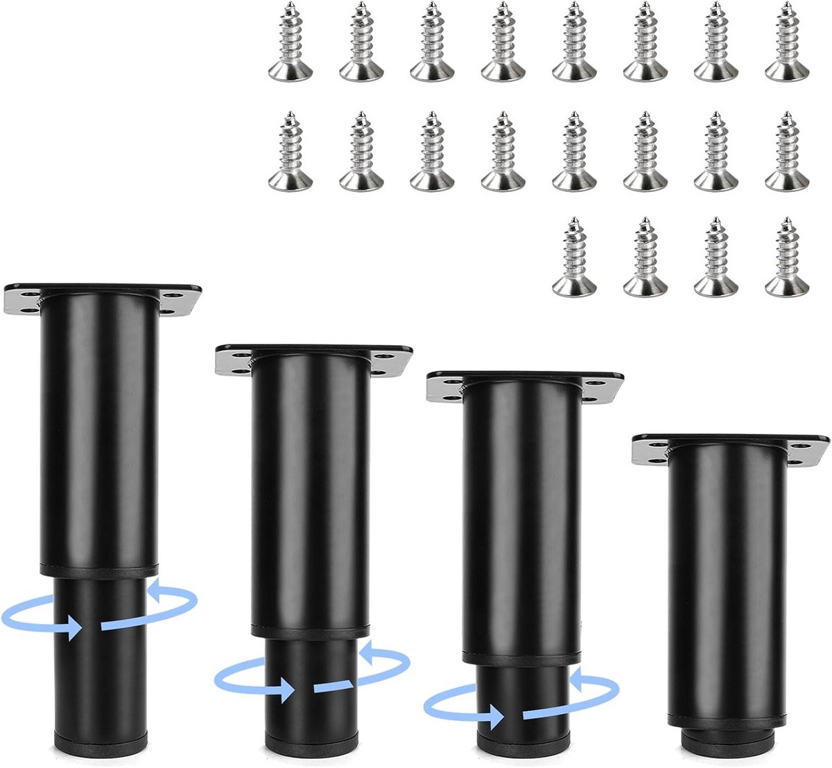 4x Verstelbare Meubelpoten Zwart Metaal In Hoogte Verstelbaar 8-12cm Set Inclusief Schroeven