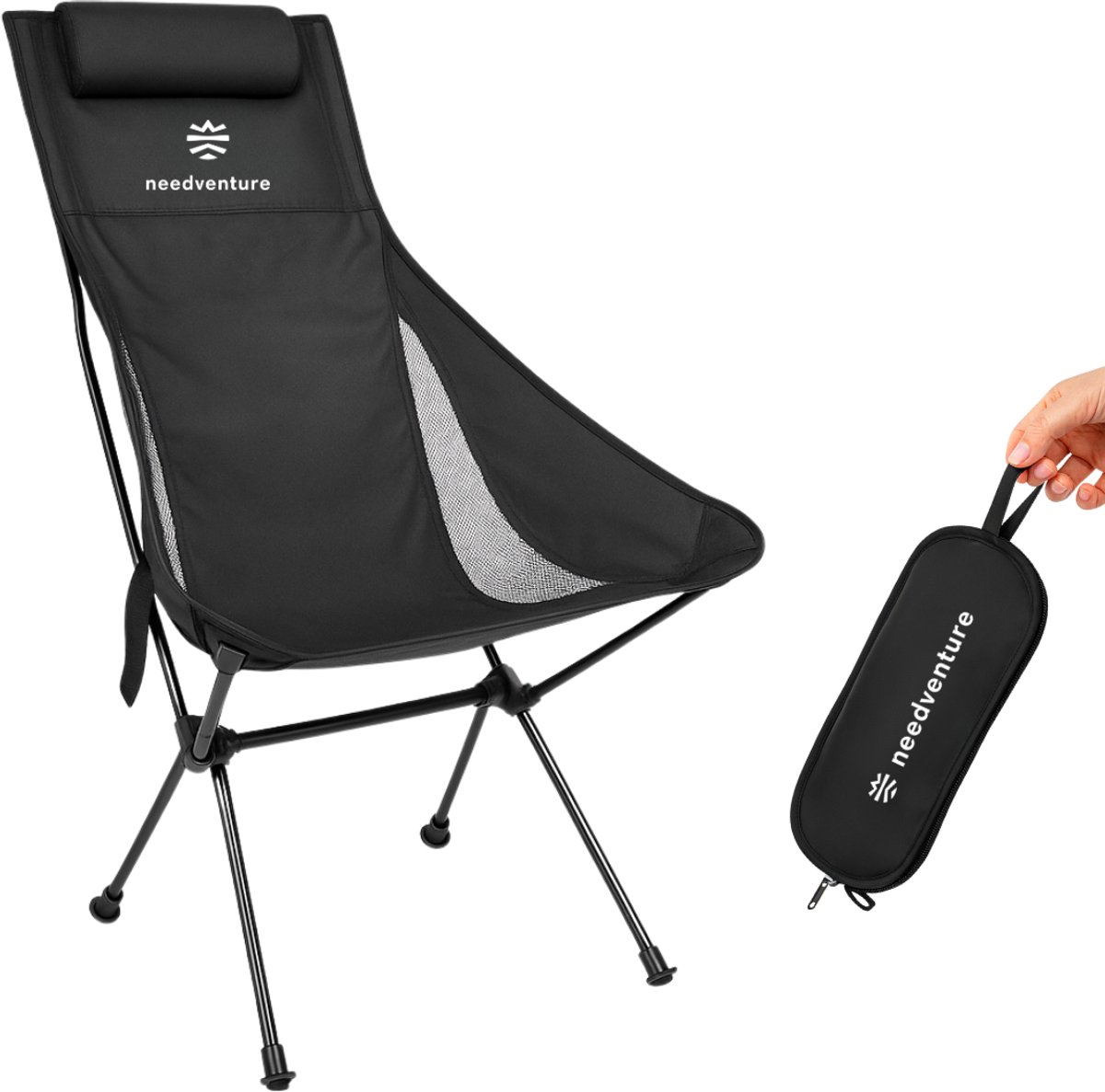 Bol.com needventure® Campingstoel - Visstoel - Vouwstoel - Opvouwbaar - Inklapbaar - Lichtgewicht - Hoge Neksteun - Zwart aanbieding