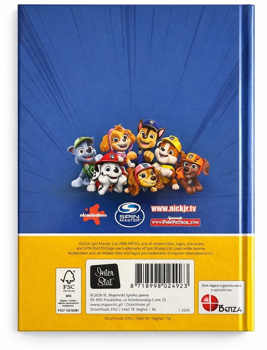 Achterkant van een Paw Patrol vriendenboek met alle Paw Patrol pups en logo's.
