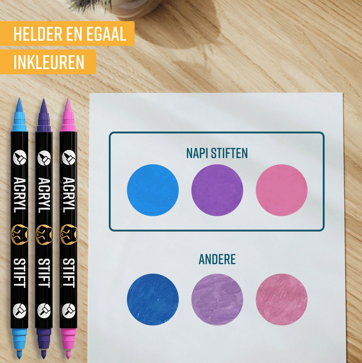 Napi Acrylstiften 12st - Brush en Fine Tip Twinmarkers - Verfstiften Happy Stones - Stenen Schilderen met Acryl Verf Marker Stiften - Volwassenen en Kinderen - Incl. 2 Mandala Sjablonen — afbeelding 7
