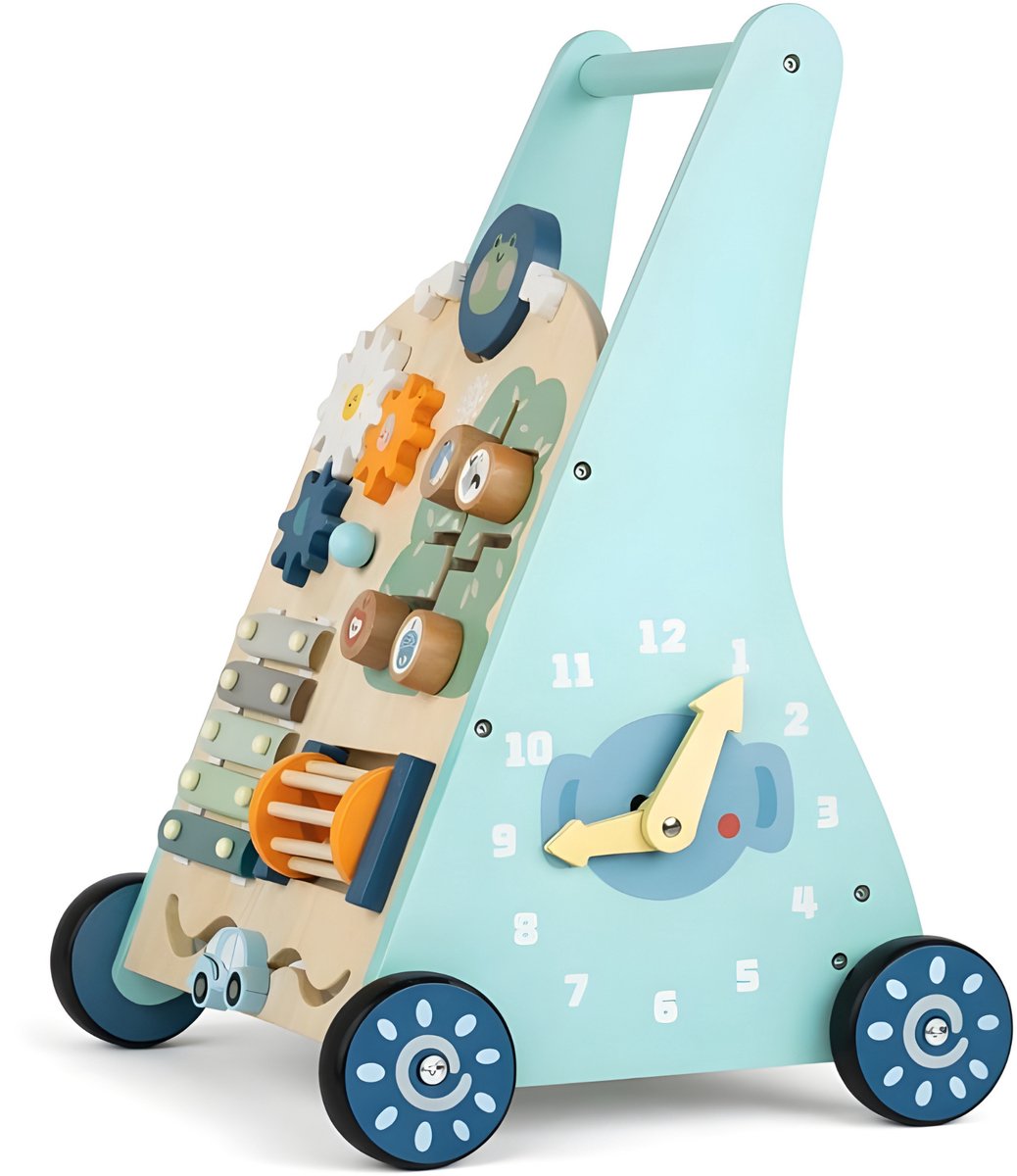 Laavir Activiteiten loopwagen - Houten Loopwagen voor Baby's - Montessori Activiteitenwagentje met Spelletjes en Klok - Mintblauw - FSC Gecertificeerd - 1 Jaar+ — afbeelding 8