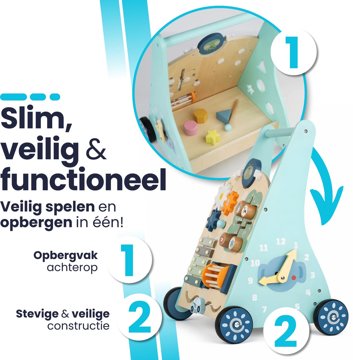 Laavir Activiteiten loopwagen - Houten Loopwagen voor Baby's - Montessori Activiteitenwagentje met Spelletjes en Klok - Mintblauw - FSC Gecertificeerd - 1 Jaar+ — afbeelding 7