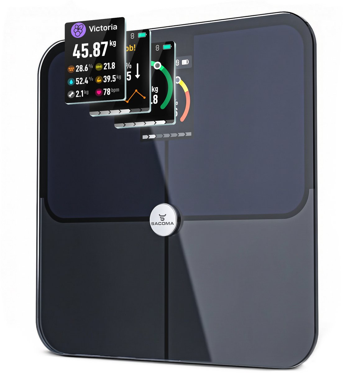 Sacoma Personenweegschaal - Met Interactief Weegplateau - 17x Lichaamsanalyse - Bluetooth en WiFi - Weegschaal met App - USB oplaadbaar - Digitaal