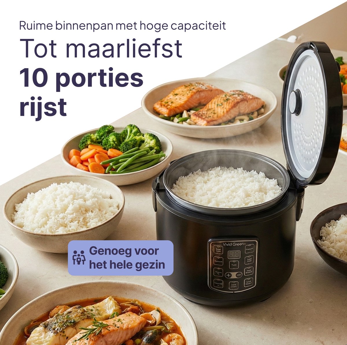 Rijstkoker met Stomer - 1.8L - Slowcooker met Timer - 10 Porties - Multicooker - Rice Cooker - Zwart - Vivid Green – foto 3