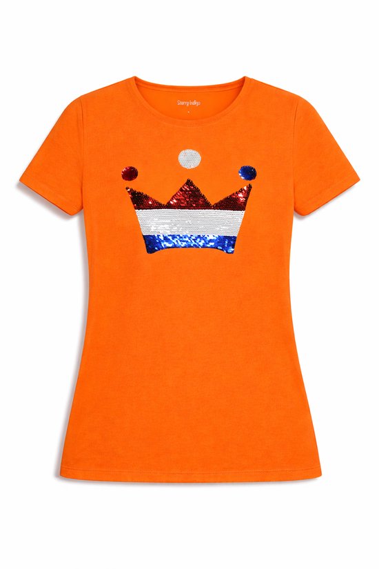 T-shirt slim fit femme drapeau néerlandais couronne avec séquence magique | Vêtements pour la Fête du Roi| Hollande | Championnats d'Europe - Championnats du monde - Jeux olympiques | Orange | taille XL