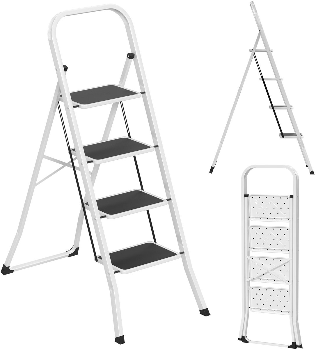 ACXIN Huishoudtrap Opvouwbare Trap 4 Treden - Stalen Frame - Antislip - Met Handgreep - Zwart-Wit