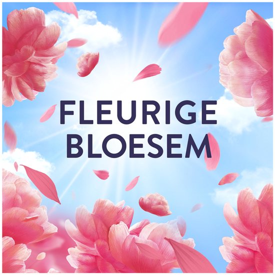 Roze bloesems en blaadjes dwarrelen in de lucht, met de tekst "Fleurige Bloesem".