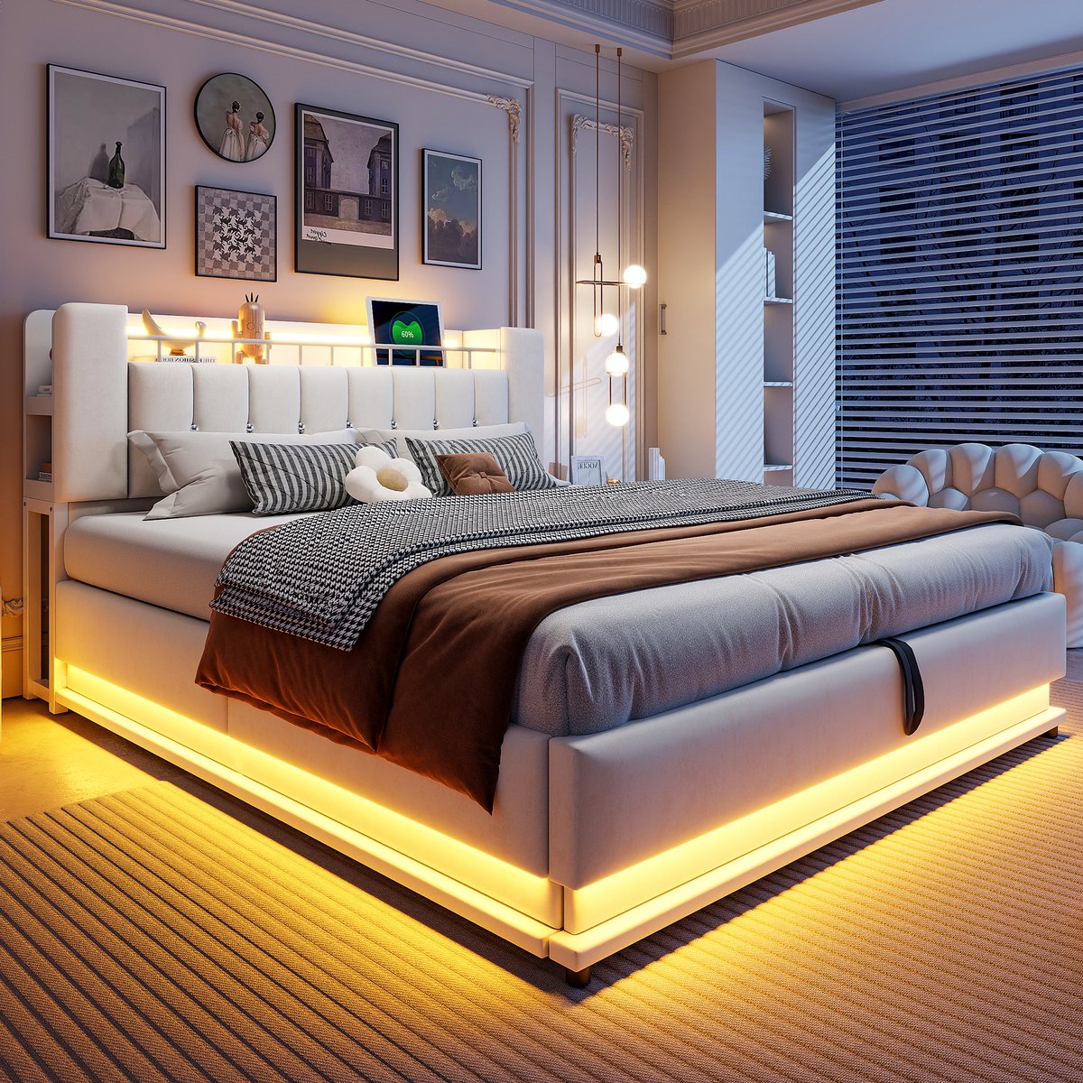 REDOM gestoffeerd bed 180x200 cm – Fluweel beige – LED, USB, hydraulische opbergruimte, 24 latten – 300 kg
