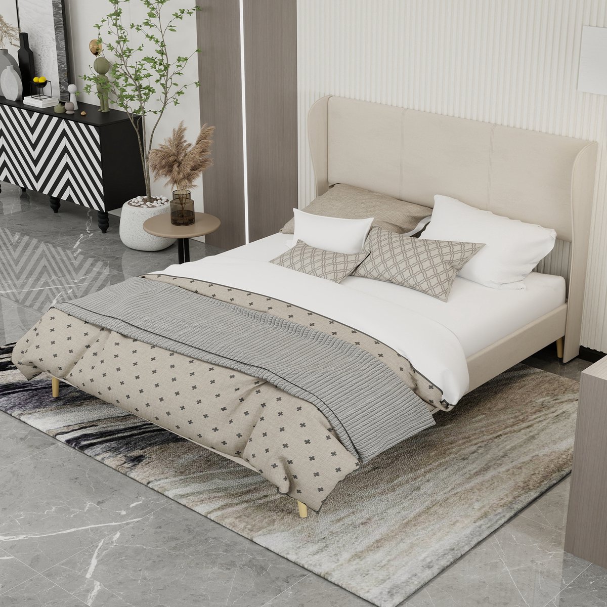 REDOM gestoffeerd bedframe 160x200 cm – Stof + metaal beige – Laag model, fluweelachtig hoofdbord – 2 pakketten