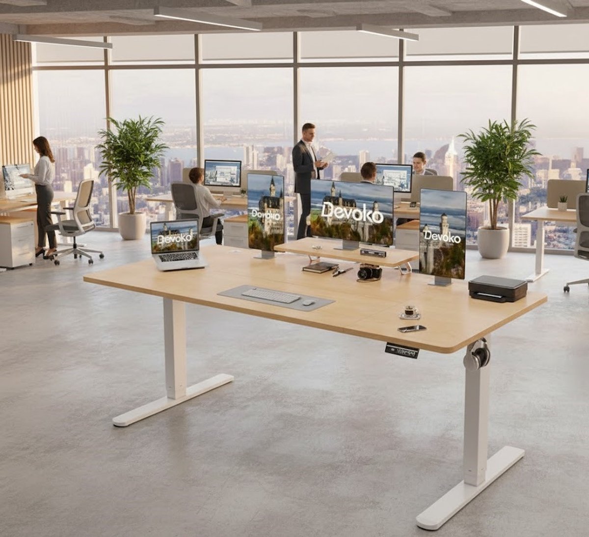 Premium Elektrisch Verstelbaar Bureau met Monitorstandaard – In Hoogte Verstelbaar Zit-Sta Bureau 200x80 cm – Modern Design, 2 Geheugenstanden, Robuust Metaal, Ideaal voor Thuiswerk en Kantoor – Beige A-Furniture