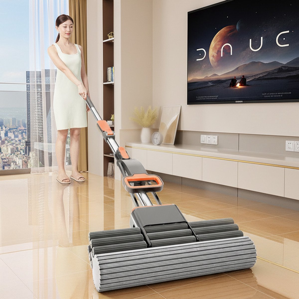 Magic Mop - Zelfuitwringende Sponsdweil met RVS Telescopische Steel 100-130 cm + 38 cm Vervangkopen - Vloerwisser voor Tegels en Gladde Vloeren