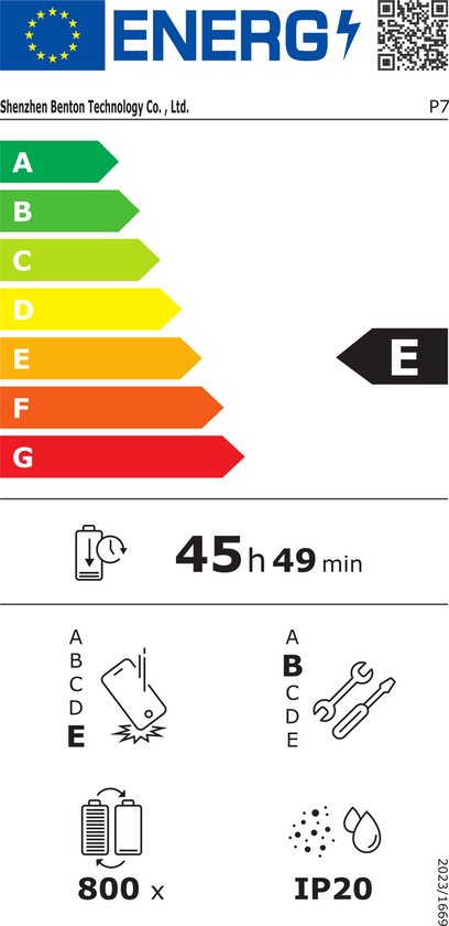 Energie-etiket voor tablet: klasse E, 45 uur 49 min batterijduur, IP20.