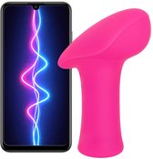 Roze 'T'-vormige vibrator naast een smartphone met een golvend neonlichtpatroon op het scherm.