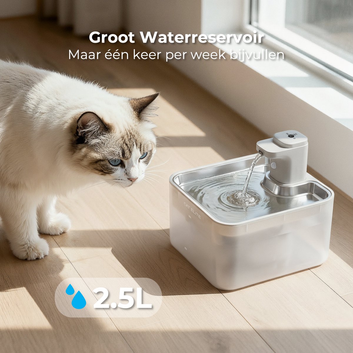 CatElite® - Draadloze Drinkfontein Kat RVS | Wave - Waterdispenser met Sensor & Accu - Incl. 2 Filters - 2.5L Waterfontein Kat - Kattenfontein - Fluisterstil - Wit - Upgraded Version thumbnail 3