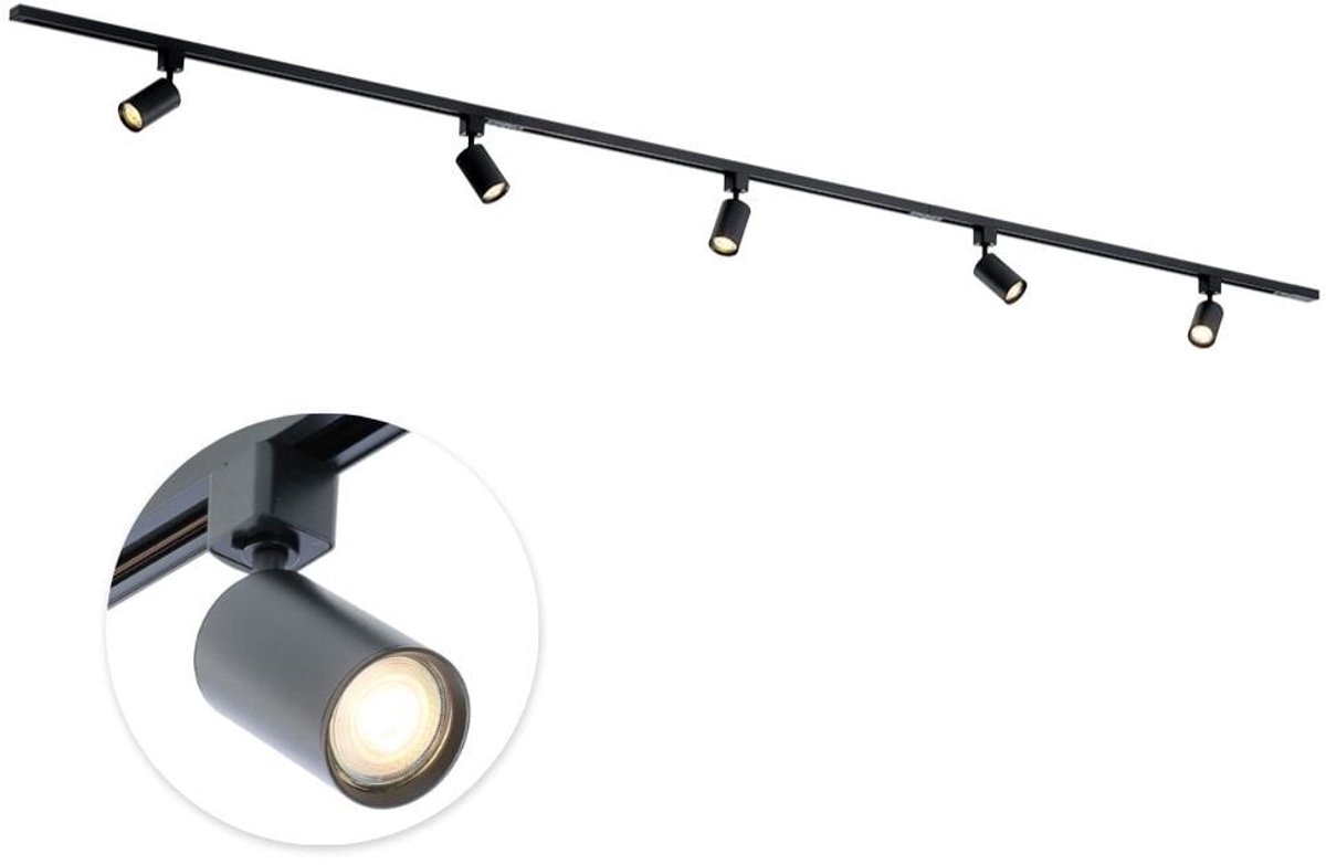 Qub Focus Railverlichting - Zwart - 300 cm - I-Vorm - 5x GU10 Spots - Dimbaar - Complete Set