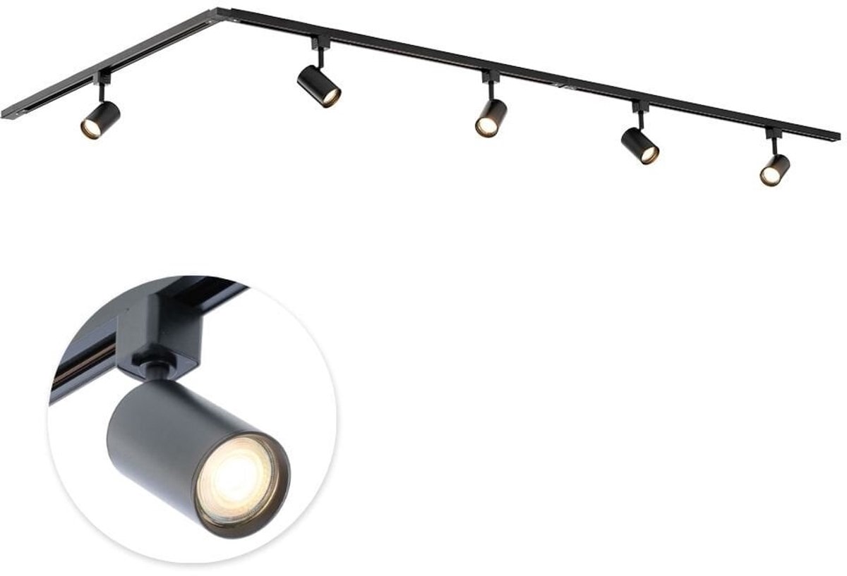 Qub Focus III Complete & Moderne 1-Fase Railverlichting – L-vorm – 300 cm – Zwart – 5× GU10 Spots – Railsysteem