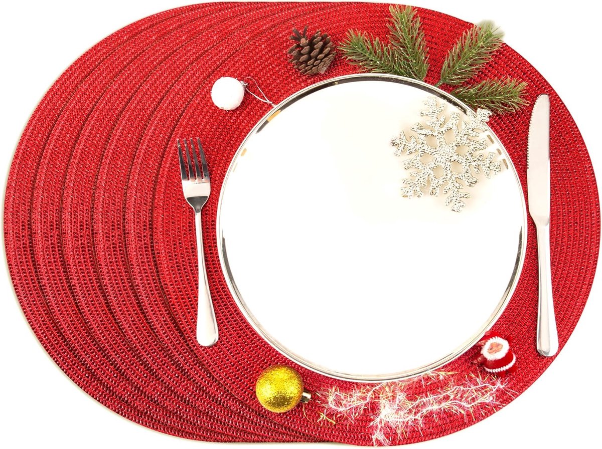 Set van 6 Ronde Tafelmatten Ø 38 cm - Afwasbaar Placemats Rood voor Eetkamer en Feest