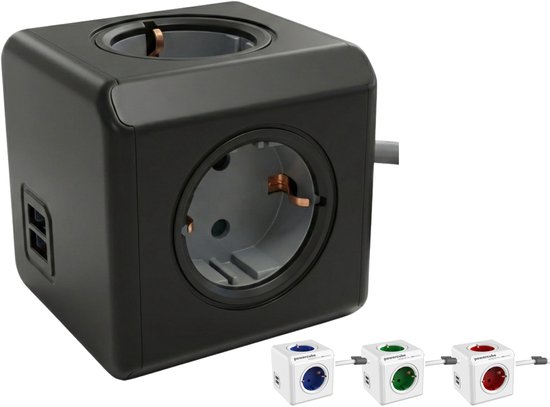 PowerCube Extended Duo USB - 3  meter kabel - Zwart/Grijs - Limited Edition - 4 stopcontacten - 2 USB laders - NL\/DE (Type F)